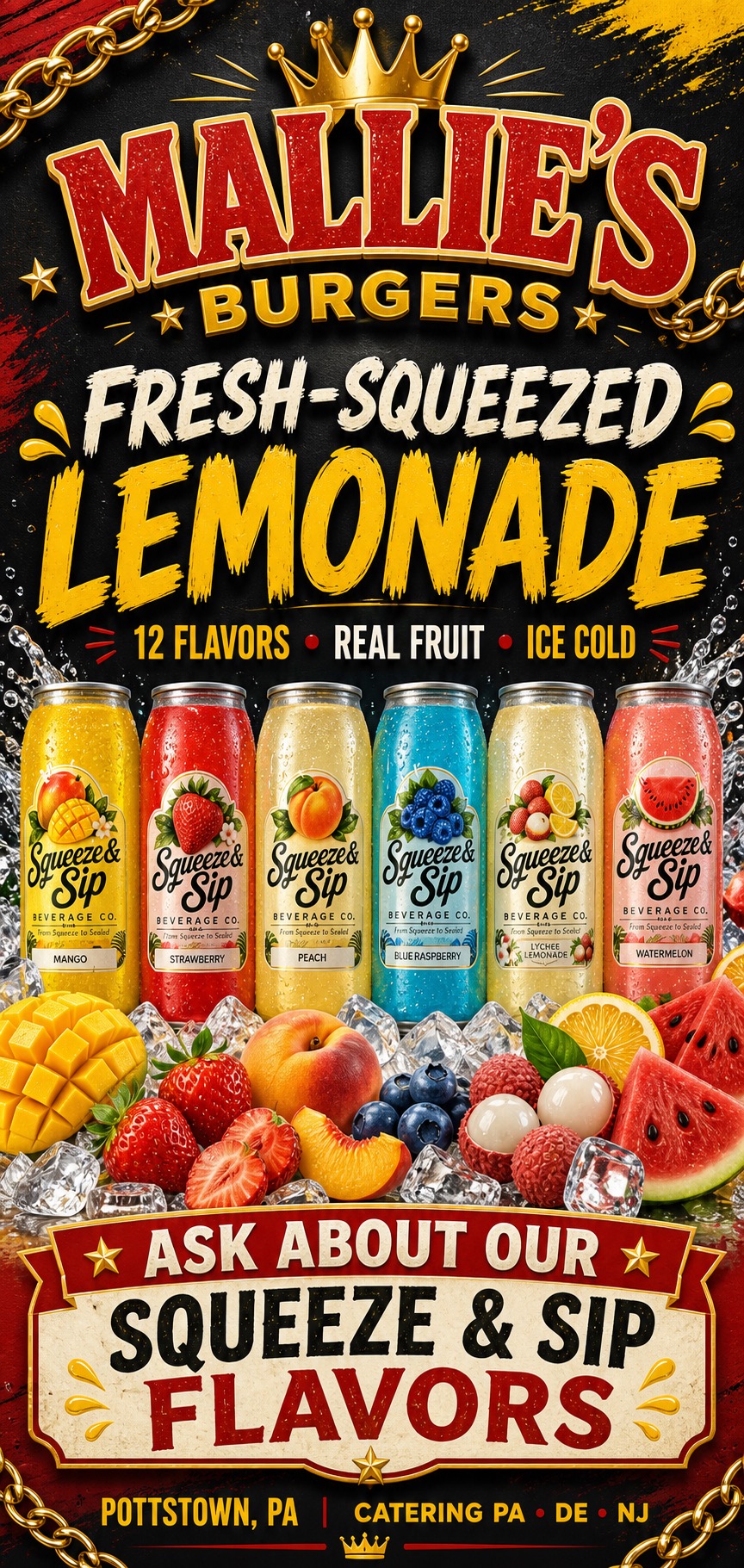 Mallie's Burgers fresh-squeezed lemonade flyer showing six Squeeze & Sip 22 oz cans on ice