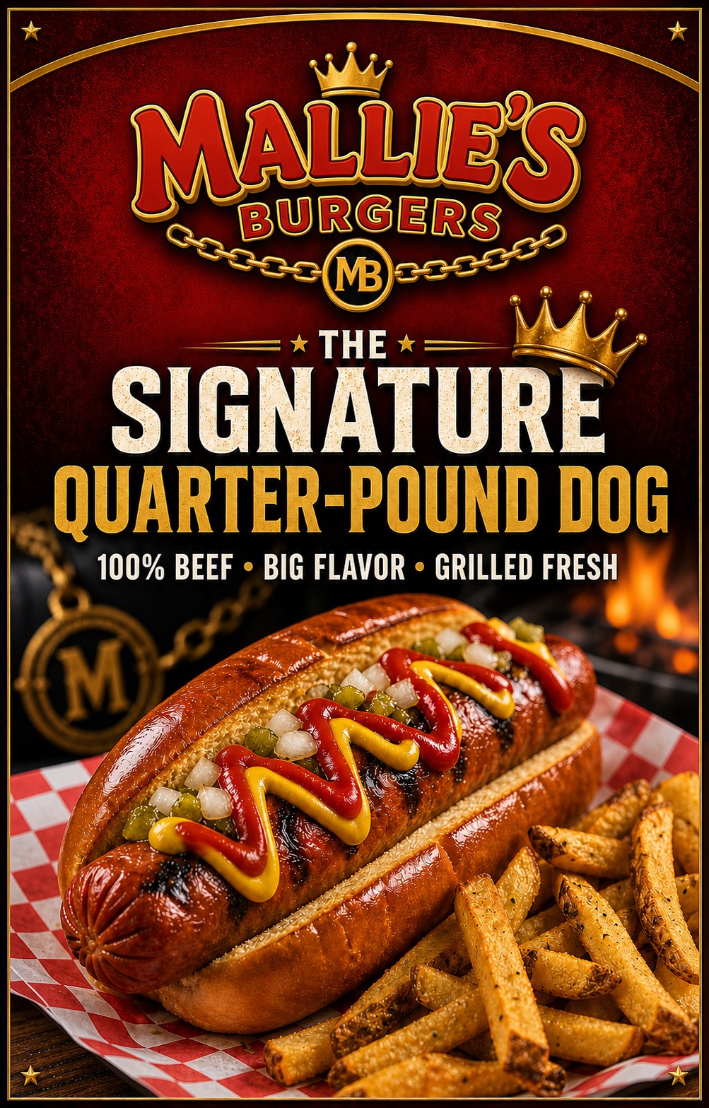 Mallie's Burgers Signature Quarter-Pound Dog poster: a grilled all-beef hot dog with ketchup, mustard, relish and onions in a toasted bun beside hand-cut fries