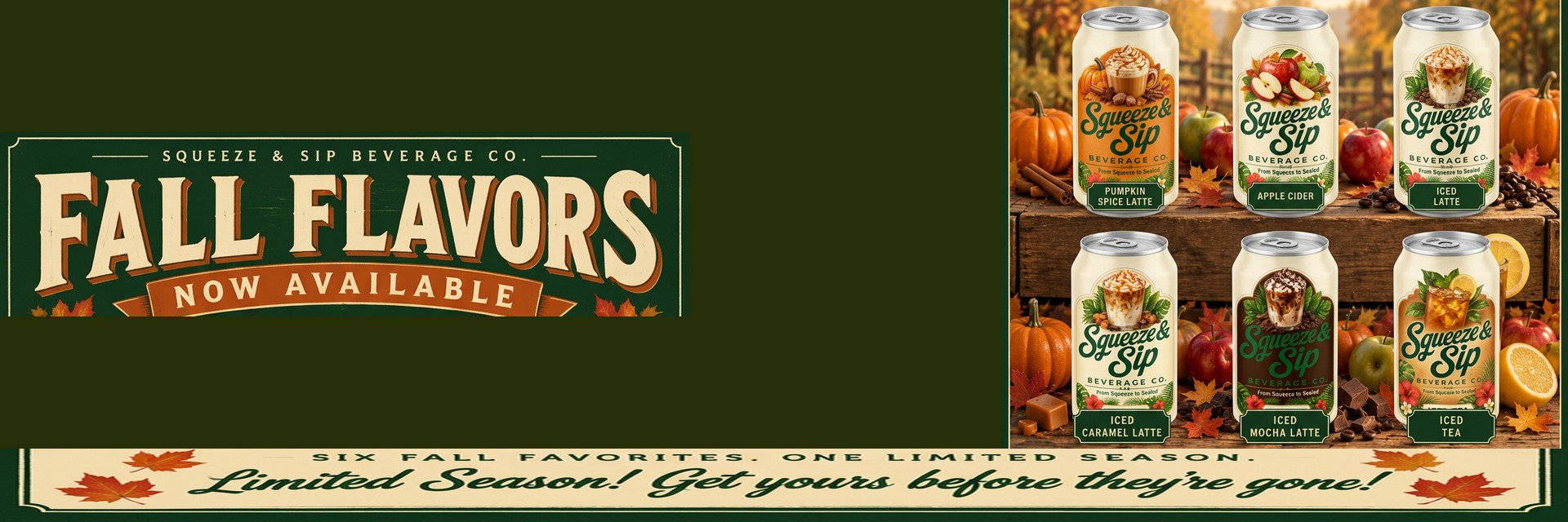 Squeeze & Sip introduces Fall Flavors — pumpkin spice latte, apple cider, iced latte, iced caramel latte, iced mocha latte and iced tea in sealed cans, limited season