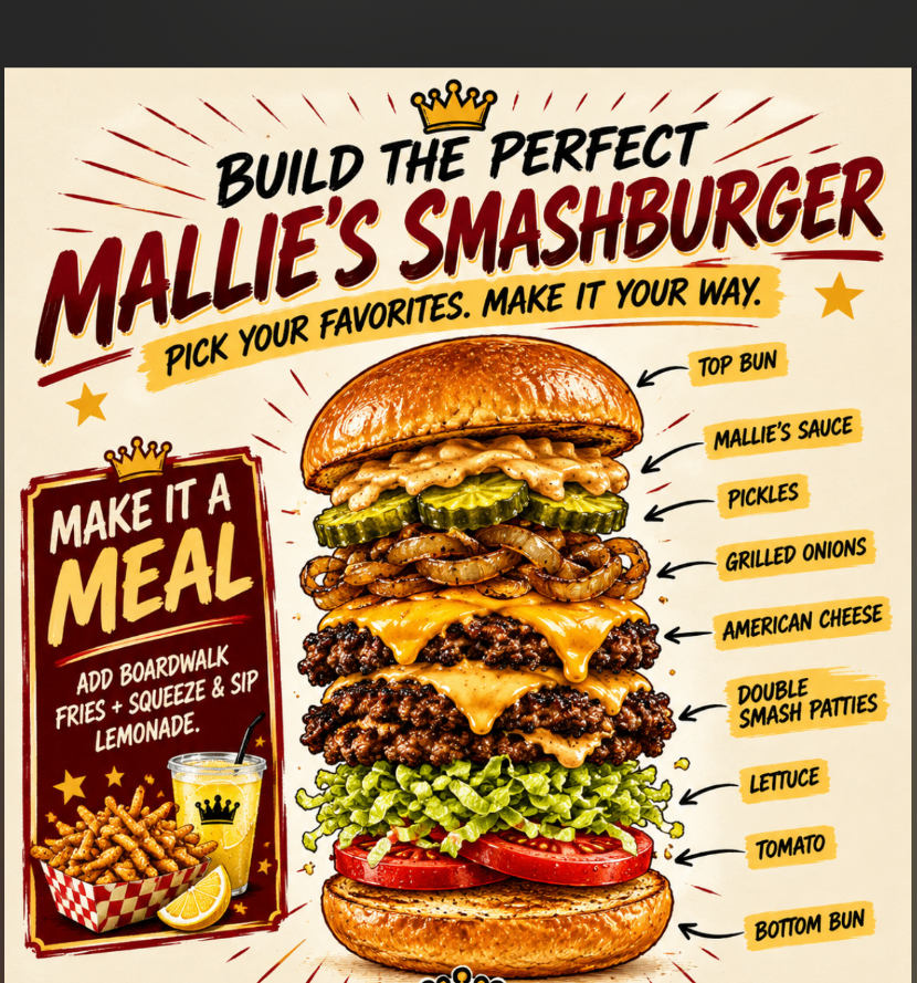Build the perfect Mallie's Smashburger guide showing a double smashburger with sauce, pickles, grilled onions, American cheese, lettuce and tomato