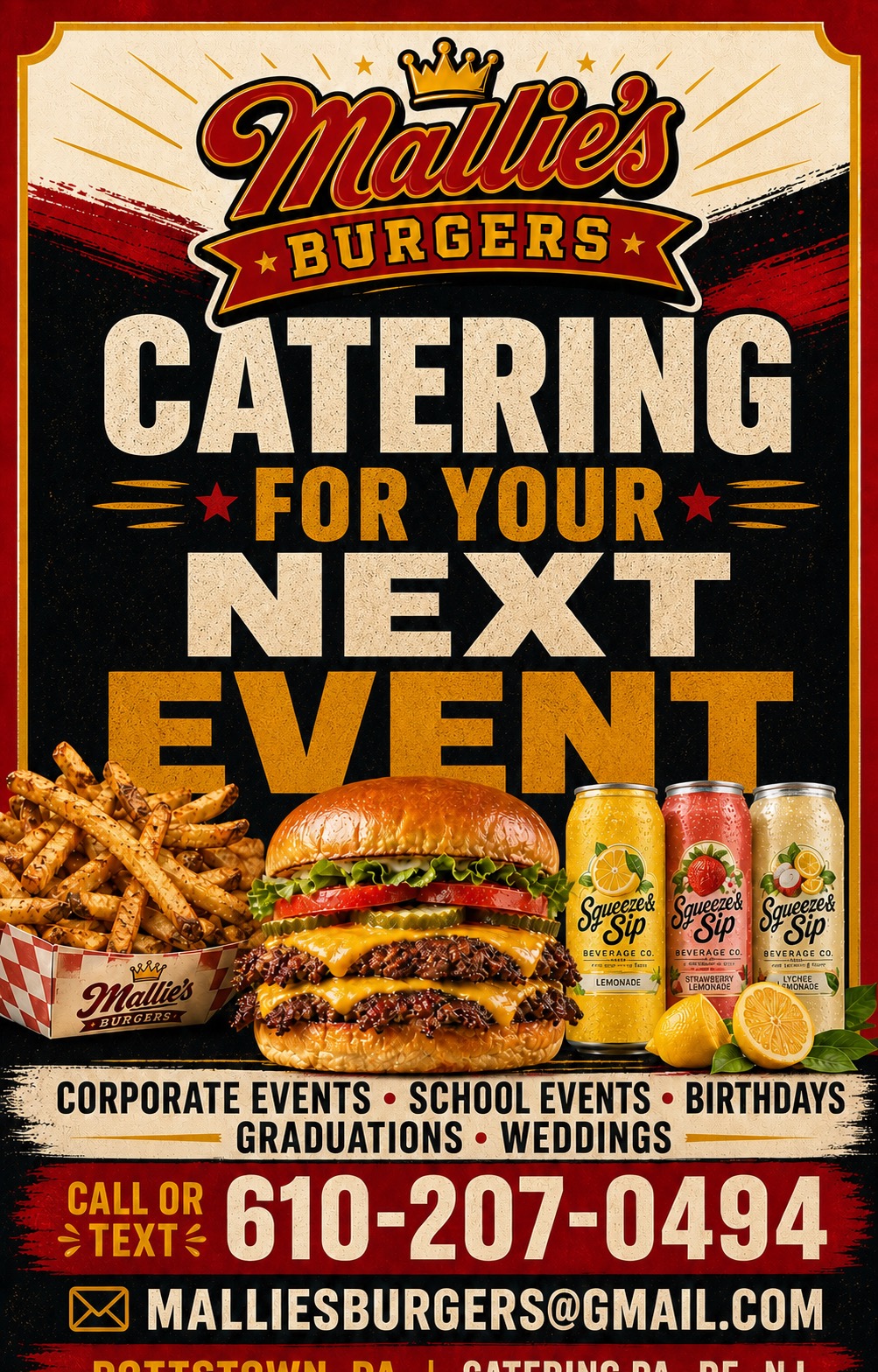 Mallie's Burgers catering flyer